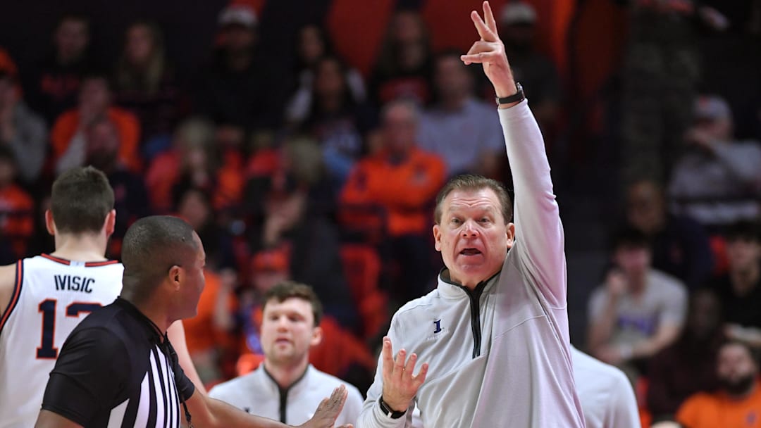 Feb 15, 2026; Champaign, Illinois, USA;  Illinois Fighting Illini head coach Brad Underwood freactds during the first half against the Indiana Hoosiers at State Farm Center. Mandatory Credit: Ron Johnson-Imagn Images