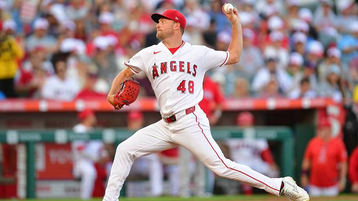 Jul 3, 2026; Anaheim, California, USA; Los Angeles Angels pitcher Reid Detmers (48) throws against the Boston Red Sox during the first inning at Angel Stadium. Mandatory Credit: Gary A. Vasquez-Imagn Images
