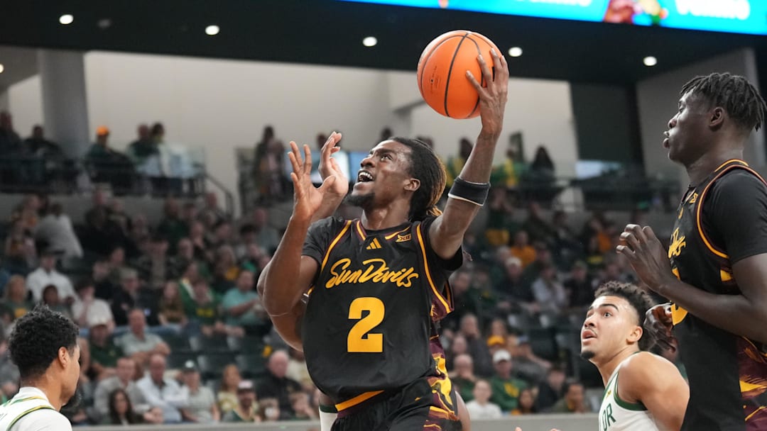 Feb 21, 2026; Waco, Texas, USA; Arizona State Sun Devils guard Anthony Johnson (2) scores a basket against the Baylor Bears during the first half at Paul and Alejandra Foster Pavilion. Mandatory Credit: Chris Jones-Imagn Images