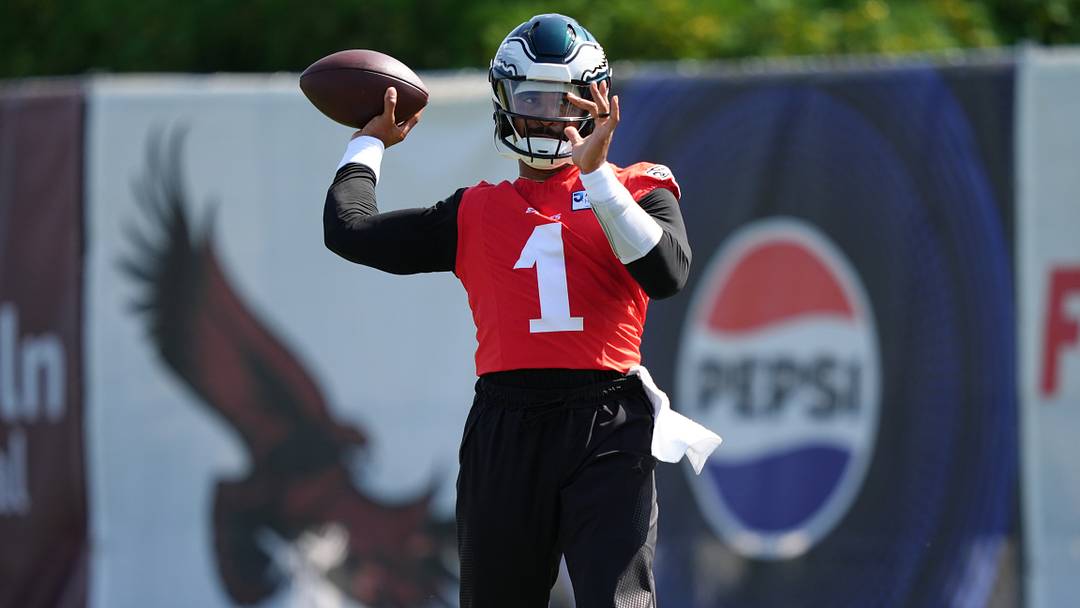 Jul 23, 2025; Philadelphia, PA, USA; Philadelphia Eagles quarterback Jalen Hurts (1) runs a practice drill during training camp at NovaCare Complex. Mandatory Credit: Kyle Ross-Imagn Images