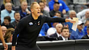 Mar 27, 2025; Newark, NJ, USA; Brigham Young Cougars head coach Kevin Young calls to his team during the first half against the Alabama Crimson Tide during an East Regional semifinal of the 2025 NCAA tournament at Prudential Center. Mandatory Credit: Robert Deutsch-Imagn Images