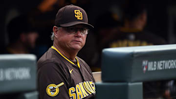 Sep 6, 2025; Denver, Colorado, USA; San Diego Padres manager Mike Shildt (8) looks on from the bench before the game against the Colorado Rockies at Coors Field. Mandatory Credit: Christopher Hanewinckel-Imagn Images