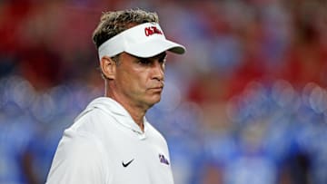 Nov. 15, 2025; Oxford, Mississippi, USA; Mississippi Rebels head coach Lane Kiffin looks on during warm ups prior to the game  against the Florida Gators at Vaught-Hemingway Stadium.