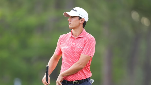 Matteo Manassero looks on the eleventh green during the first round of the U.S. Open golf tournament. 
