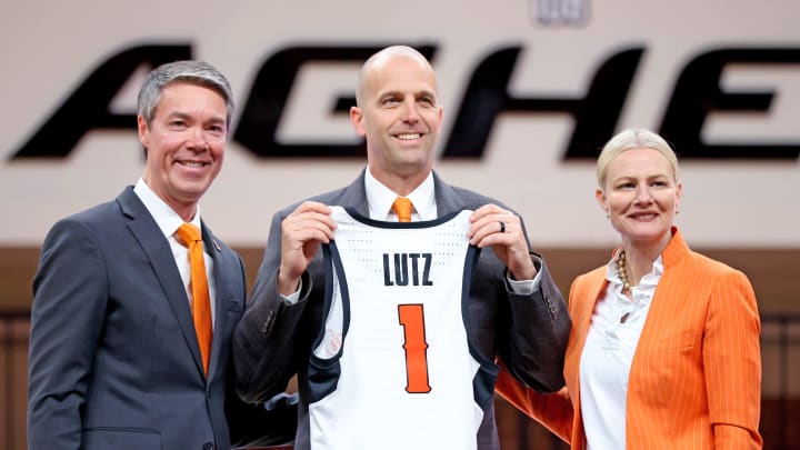 Oklahoma State Vice President and Athletic Director Chad Weiberg and President Dr. Kayse Shrum introduce head men's basketball coach Steve Lutz during an introduction ceremony of the at Gallagher-Iba Arena in Stillwater, Okla., Thursday, April 4, 2024.