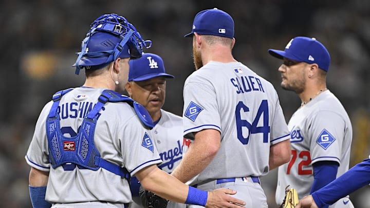 Los Angeles Dodgers manager Dave Roberts takes Matt Sauer (64) out of the game during the sixth inning against the San Diego Padres at Petco Park on June 10.