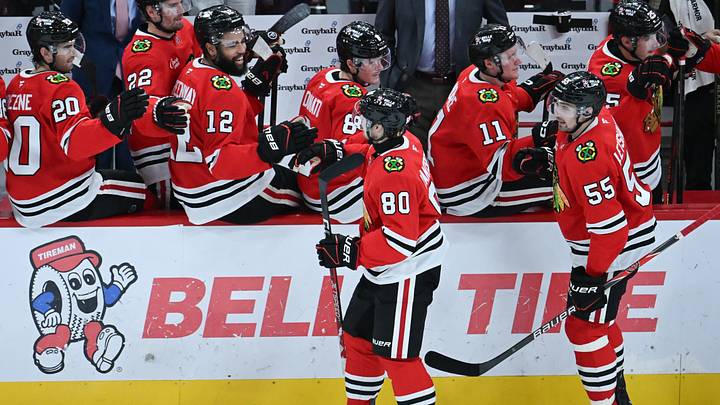 Oct 13, 2026; Chicago, Illinois, USA;  Chicago Blackhawks right wing Roman Kantserov (80) celebrates with teammates after he scored a goal against the Pittsburgh Penguins during the second period at United Center.  Mandatory Credit: Matt Marton-Imagn Images