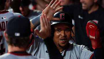 Sep 20, 2025; Minneapolis, Minnesota, USA; Cleveland Guardians third baseman Jose Ramirez (11) celebrates after scoring against the Minnesota Twins during the fifth inning of game two of a double header at Target Field. Mandatory Credit: Matt Krohn-Imagn Images
