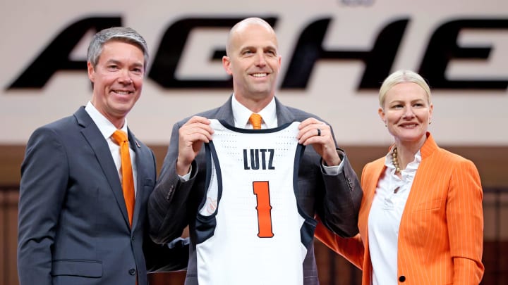 Oklahoma State Vice President and Athletic Director Chad Weiberg and President Dr. Kayse Shrum introduce head men's basketball coach Steve Lutz