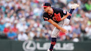 Jun 14, 2025; Seattle, Washington, USA; Cleveland Guardians starting pitcher Tanner Bibee (28) pitches the ball during the third inning against the Seattle Mariners at T-Mobile Park. Mandatory Credit: Kevin Ng-Imagn Images