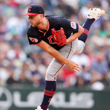 Jun 14, 2025; Seattle, Washington, USA; Cleveland Guardians starting pitcher Tanner Bibee (28) pitches the ball during the third inning against the Seattle Mariners at T-Mobile Park. Mandatory Credit: Kevin Ng-Imagn Images