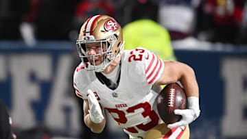 Dec 1, 2024; Orchard Park, New York, USA; San Francisco 49ers running back Christian McCaffrey (23) warms up before a game against the Buffalo Bills at Highmark Stadium. Mandatory Credit: Mark Konezny-Imagn Images