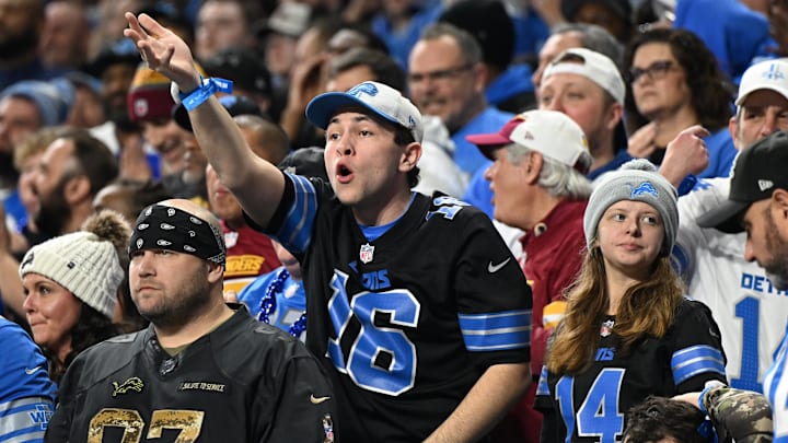 Jan 18, 2025; Detroit, Michigan, USA; Detroit Lions fans react during the second quarter against the Washington Commanders in a 2025 NFC divisional round game at Ford Field.