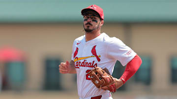 Mar 15, 2025; Jupiter, Florida, USA; St. Louis Cardinals third baseman Nolan Arenado (28) looks on from the field against the Toronto Blue Jays. Mandatory Credit: Sam Navarro-Imagn Images