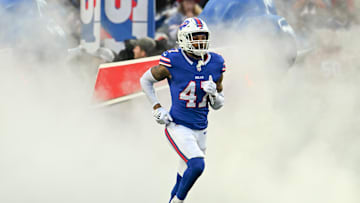 Dec 29, 2024; Orchard Park, New York, USA; Buffalo Bills cornerback Christian Benford (47) enters the field before a game against the New York Jets at Highmark Stadium. Mandatory Credit: Mark Konezny-Imagn Images
