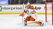 John Gibson makes a save against the Predators.