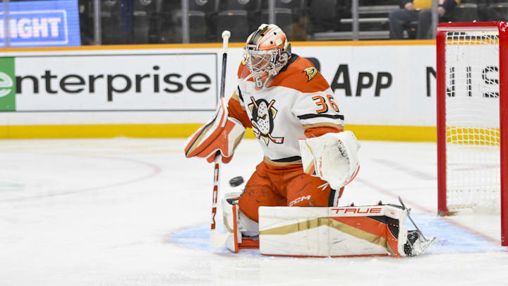 John Gibson makes a save against the Predators. John Gibson makes a save against the Predators.