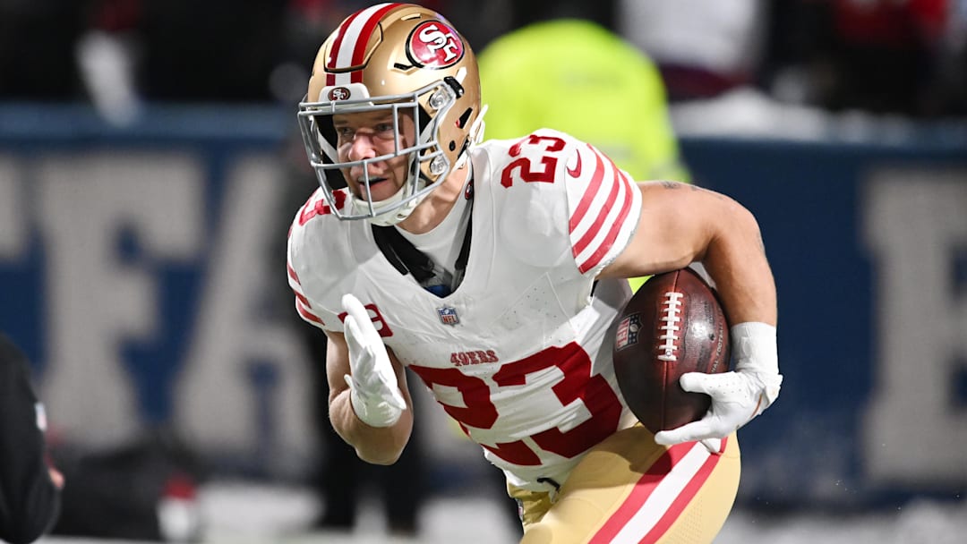 San Francisco 49ers running back Christian McCaffrey (23) warms up before a game against the Buffalo Bills at Highmark Stadium.