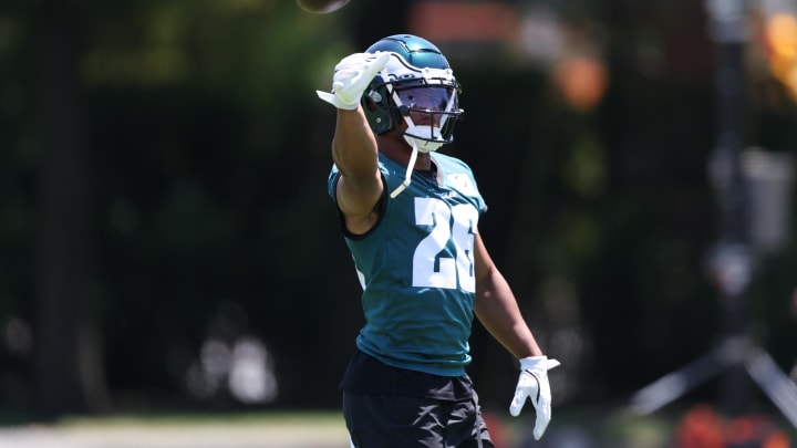 May 30, 2024; Philadelphia, PA, USA; Philadelphia Eagles running back Saquon Barkley (26) practices at NovaCare Complex. Mandatory Credit: Bill Streicher-USA TODAY Sports