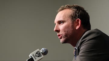 Feb 19, 2016; Brooklyn, NY, USA; Brooklyn Nets new general manager Sean Marks speaks to the media during a press conference before a game against the New York Knicks at Barclays Center. Mandatory Credit: Brad Penner-Imagn Images
