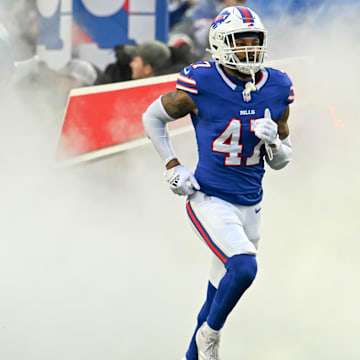 Dec 29, 2024; Orchard Park, New York, USA; Buffalo Bills cornerback Christian Benford (47) enters the field before a game against the New York Jets at Highmark Stadium. Mandatory Credit: Mark Konezny-Imagn Images