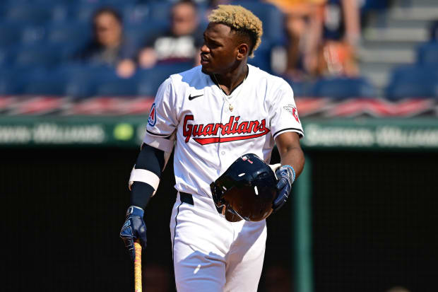 Angel Martinez (1) reacts after striking out.