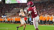 Alabama defensive back Dijon Lee Jr. (5) intercepts a Tennessee pass on a 2-point conversion during a college football game at Bryant-Denny Stadium in Tuscaloosa, Ala., on Oct. 18, 2025.