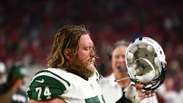 Oct 17, 2016; Glendale, AZ, USA; New York Jets center Nick Mangold (74)  against the Arizona Cardinals at University of Phoenix Stadium. The Cardinals defeated the Jets 28-3. Mandatory Credit: Mark J. Rebilas-Imagn Images