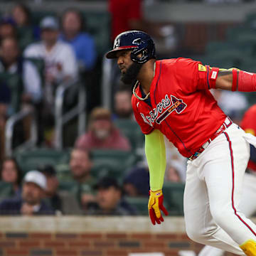 Sep 13, 2024; Atlanta, Georgia, USA; Atlanta Braves designated hitter Marcell Ozuna's explosive season lifts him to another career milestone. Mandatory Credit: Brett Davis-Imagn Images