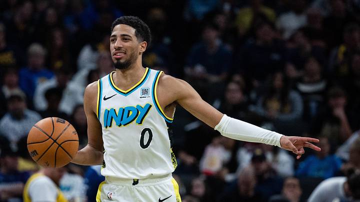 Apr 2, 2025; Indianapolis, Indiana, USA; Indiana Pacers guard Tyrese Haliburton (0) dribbles the ball in the second half against the Charlotte Hornets at Gainbridge Fieldhouse. Mandatory Credit: Trevor Ruszkowski-Imagn Images