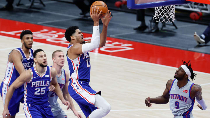 Jan 25, 2021; Detroit, Michigan, USA;  Philadelphia 76ers forward Tobias Harris (12) shoots in the second half against the Detroit Pistons at Little Caesars Arena. Mandatory Credit: Rick Osentoski-USA TODAY Sports