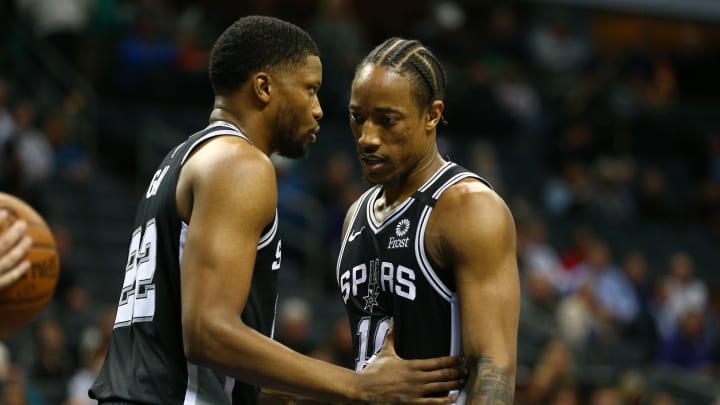 Mar 3, 2020; Charlotte, North Carolina, USA; San Antonio Spurs forward DeMar DeRozan (10) talks with forward Rudy Gay (22) during the second half against the Charlotte Hornets at Spectrum Center. Mandatory Credit: Jeremy Brevard-USA TODAY Sports