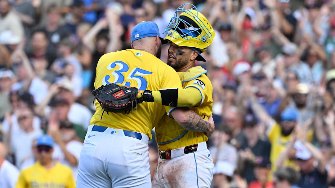 Boston Red Sox starting pitcher Garrett Crochet (35) and catcher Carlos Narvaez (75) celebrate defeating the Tampa Bay Rays.