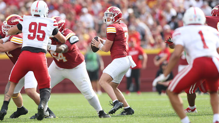 Aug 30, 2025; Ames, Iowa, USA;  Iowa State Cyclones quarterback Alex Manske (7) looks to pass against the South Dakota Coyotes in the second half at Jack Trice Stadium. Mandatory Credit: Reese Strickland-Imagn Images