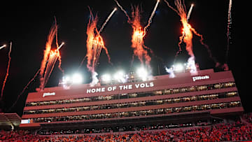 Fireworks go off after a college football game between Tennessee and Arkansas at Neyland Stadium in Knoxville, Tenn., on Oct. 11, 2025.