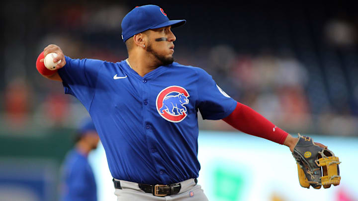 Aug 30, 2024; Washington, District of Columbia, USA; Chicago Cubs third base Isaac Paredes (17) throws to first base during the first inning against the Washington Nationals at Nationals Park.