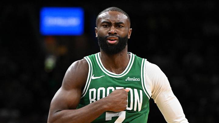 Dec 2, 2025; Boston, Massachusetts, USA; Boston Celtics guard Jaylen Brown (7) reacts after scoring against the New York Knicks during the second half at the TD Garden. Mandatory Credit: Brian Fluharty-Imagn Images