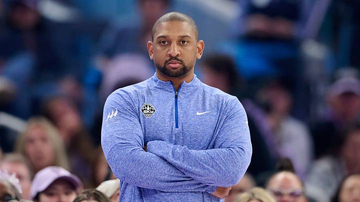 Aug 12, 2026; San Francisco, California, USA; Chicago Sky head coach Tyler Marsh watches game play against the Golden State Valkyries during the third quarter at Chase Center. Mandatory Credit: Robert Edwards-Imagn Images