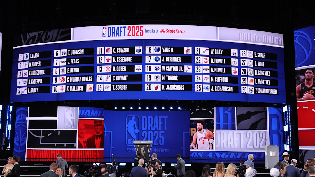 Jun 25, 2025; Brooklyn, NY, USA; General view after the first round of the 2025 NBA Draft at Barclays Center. Mandatory Credit: Brad Penner-Imagn Images Jun 25, 2025; Brooklyn, NY, USA; General view after the first round of the 2025 NBA Draft at Barclays Center. Mandatory Credit: Brad Penner-Imagn Images