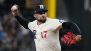 Jul 19, 2024; Arlington, Texas, USA; Texas Rangers pitcher Nathan Eovaldi (17) throws to the plate during the first inning against the Baltimore Orioles at Globe Life Field. Mandatory Credit: Raymond Carlin III-USA TODAY Sports