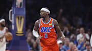 Dec 10, 2025; Oklahoma City, Oklahoma, USA; Oklahoma City Thunder guard Shai Gilgeous-Alexander (2) reacts after a play against the Phoenix Suns during the second quarter at Paycom Center. Mandatory Credit: Alonzo Adams-Imagn Images