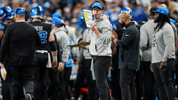 Detroit Lions offensive coordinator Ben Johnson reacts to a play against Buffalo Bills during the first half at Ford Field in Detroit on Sunday, Dec. 15, 2024.