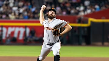 Sep 16, 2025; Phoenix, Arizona, USA; San Francisco Giants pitcher Ryan Walker against the Arizona Diamondbacks at Chase Field. Mandatory Credit: Mark J. Rebilas-Imagn Images