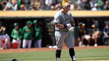 Aug 7, 2024; Oakland, California, USA; Chicago White Sox first baseman Andrew Vaughn (25) reacts after striking out against the Oakland Athletics during the eighth inning at Oakland-Alameda County Coliseum. Mandatory Credit: D. Ross Cameron-USA TODAY Sports