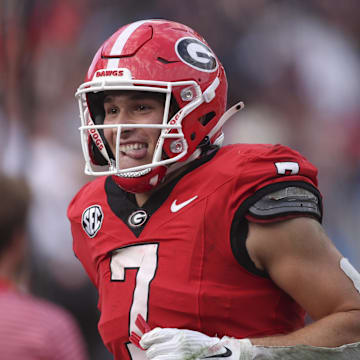Oct 18, 2025; Athens, Georgia, USA;  Georgia Bulldogs tight end Lawson Luckie (7) reacts after a touchdown against the Mississippi Rebels during the third quarter of the game at Sanford Stadium. Mandatory Credit: Brett Davis-Imagn Images