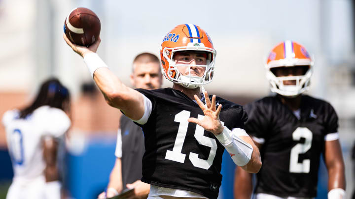 Florida Gators quarterback Graham Mertz (15) throws the ball during fall football practice at Heavener Football Complex 