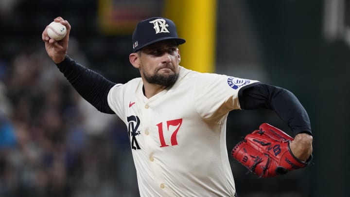 Jul 19, 2024; Arlington, Texas, USA; Texas Rangers pitcher Nathan Eovaldi (17) throws to the plate during the first inning against the Baltimore Orioles at Globe Life Field. Mandatory Credit: Raymond Carlin III-USA TODAY Sports