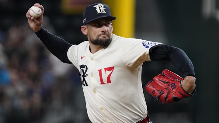 Jul 19, 2024; Arlington, Texas, USA; Texas Rangers pitcher Nathan Eovaldi (17) throws to the plate during the first inning against the Baltimore Orioles at Globe Life Field