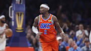 Dec 10, 2025; Oklahoma City, Oklahoma, USA; Oklahoma City Thunder guard Shai Gilgeous-Alexander (2) reacts after a play against the Phoenix Suns during the second quarter at Paycom Center. Mandatory Credit: Alonzo Adams-Imagn Images