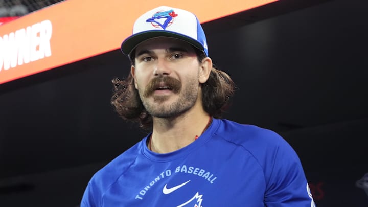 Apr 12, 2026; Toronto, Ontario, CAN; Toronto Blue Jays pitcher Dylan Cease (84) in the dug out before the start of a game against the Minnesota Twins at Rogers Centre. Mandatory Credit: John E. Sokolowski-Imagn Images